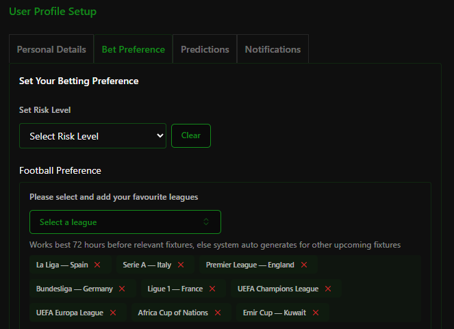 Example of the preferences page showing league and odd type selections